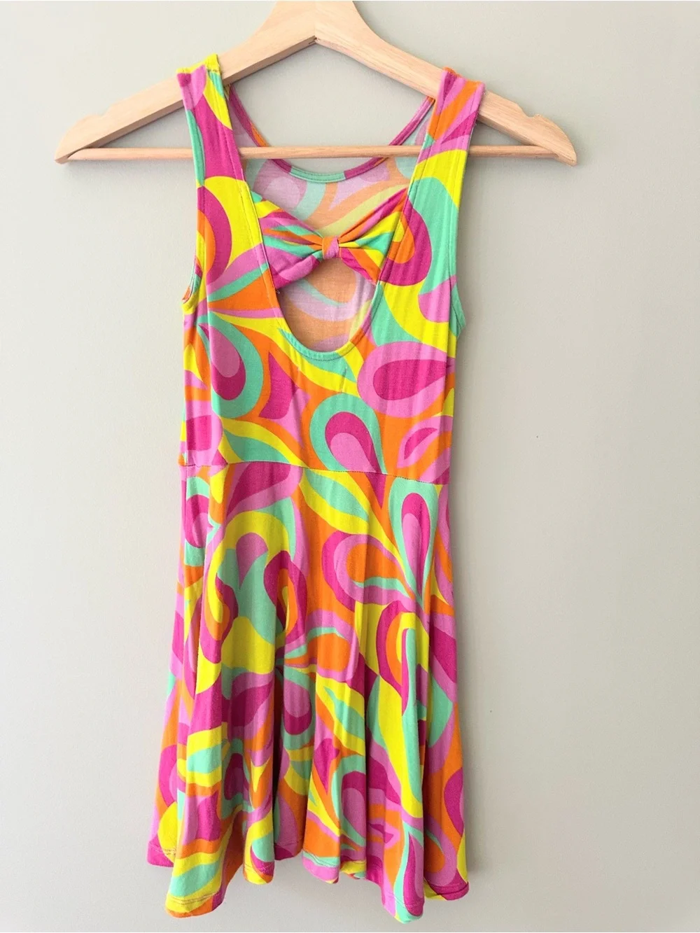 Peek Sleeveless Bow Back Skater Dress Size 6/7, Pink Orange Multi Retro Print
